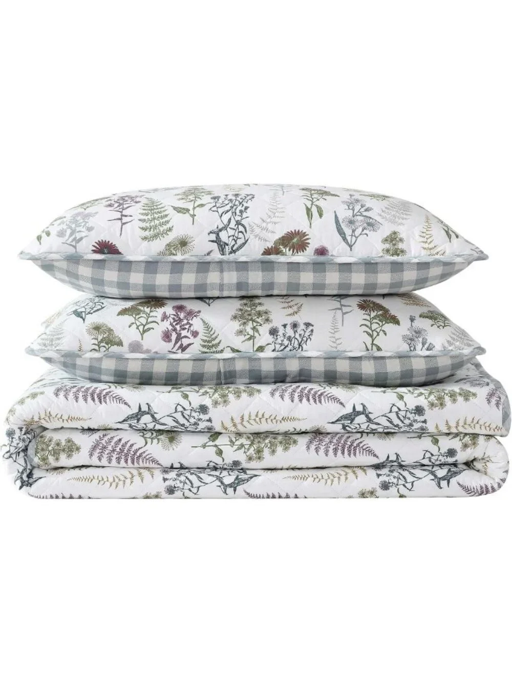 Reversible King Quilt Set - Cotton Bedding, Floral & Plaid Shams, Home Decor